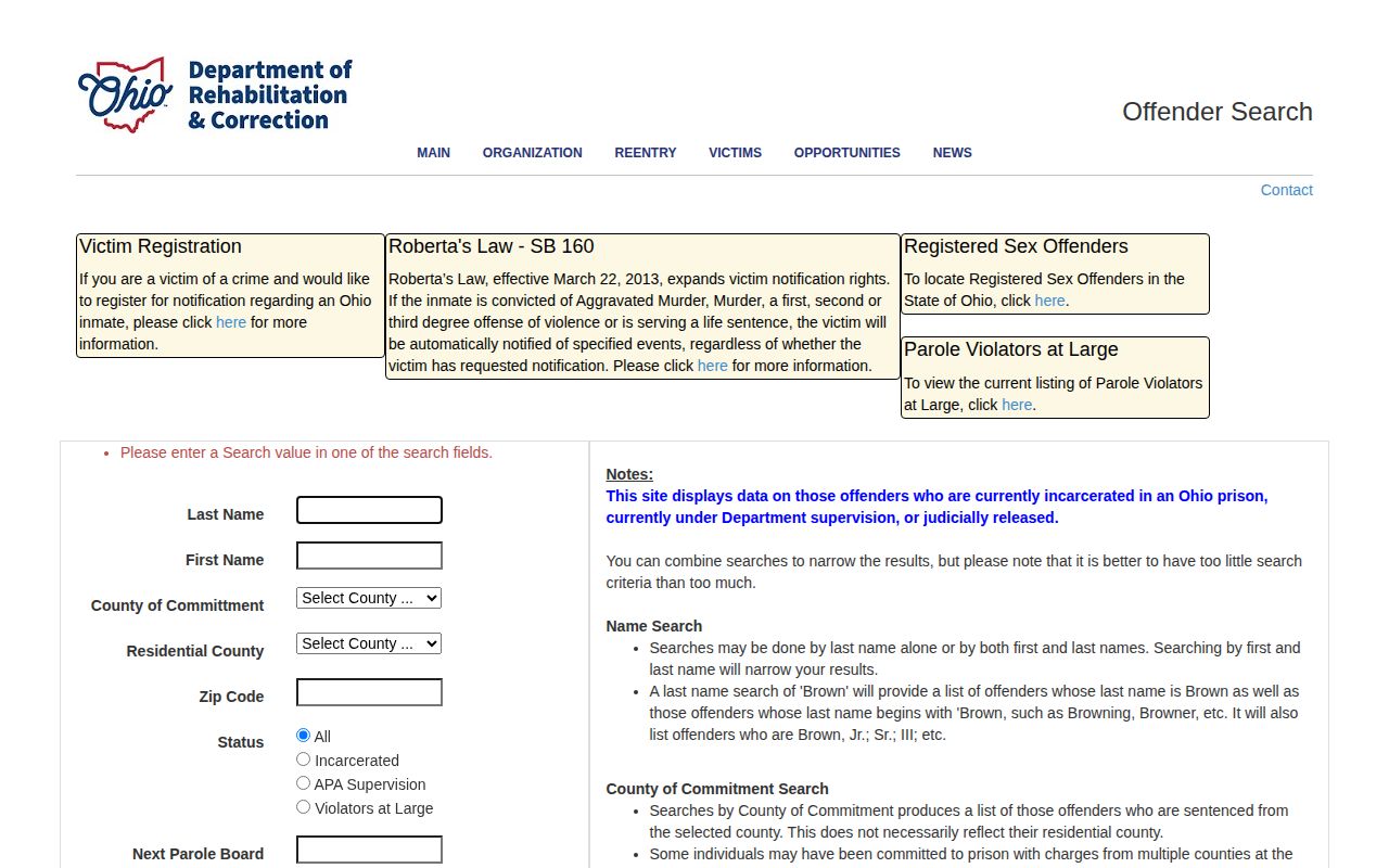 Logan County arrest record guide showing Ohio ODRC offender search