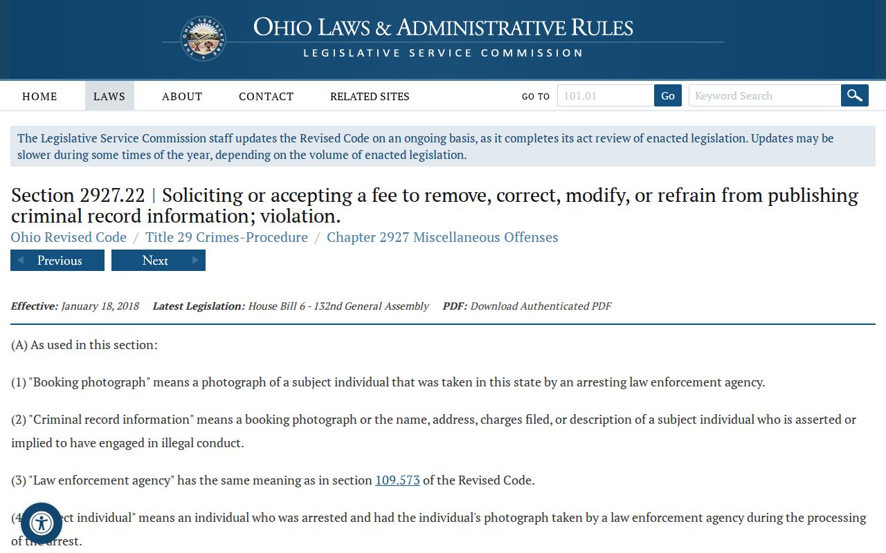 Logan County booking photo records guide showing Ohio anti-pay-to-remove statute